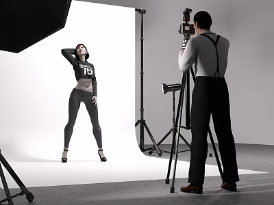 Game Film Character Female Model Being Photographed in Black Top 16 Tight Pants Studio Scene 3d model