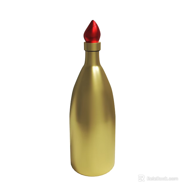 Elegant Shiny Golden Decorative Bottle Featuring Red Cap And Smooth Metallic Finish 3d model 