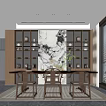 Traditional Tea Room Interior Design With Wooden Table Chairs And Tea Set Display Shelves