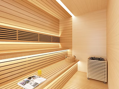 Modern SPA Sauna Interior With Wooden Walls Comfortable Benches Magazines Drink And Sauna Heater 3d model