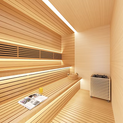 Modern SPA Sauna Interior With Wooden Walls Comfortable Benches Magazines Drink And Sauna Heater 3d model