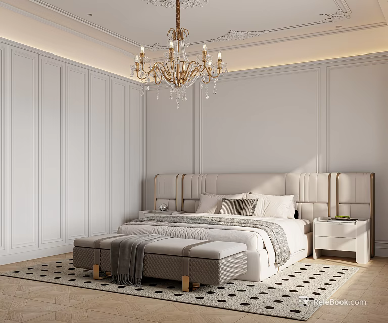 Modern Elegant Bedroom With White Paneled Walls Gold Crystal Chandelier Beige Headboard And Bed Bench 3d model 