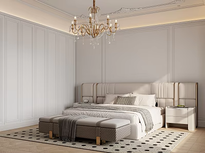 Modern Elegant Bedroom With White Paneled Walls Gold Crystal Chandelier Beige Headboard And Bed Bench 3d model