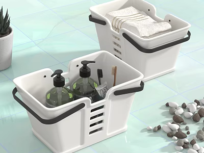 Bathroom Accessories Storage Baskets White with Black Handles Holding Toiletries and Towels 3d model