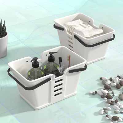 Bathroom Accessories Storage Baskets White with Black Handles Holding Toiletries and Towels 3d model