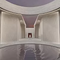 Minimalist Space Featuring Circular Reflective Pool Gray Textured Walls Skylight Red Door And Seated Figure