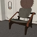 Gray Leather Leisure Chair With Wooden Armrests On Striped Rug By Wall Decor And Plant