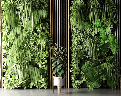 Modern Interior Design With Living Green Plant Wall And Lush Hanging Foliage 3d model