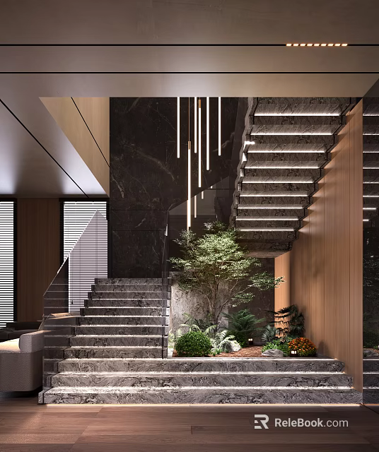 Modern Interior Staircase With Stone Wall Wooden Accents and Green Plants 3d model 
