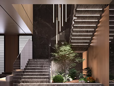 Modern Interior Staircase With Stone Wall Wooden Accents and Green Plants 3d model