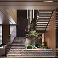 Modern Interior Staircase With Stone Wall Wooden Accents and Green Plants