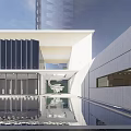 Modern Sales Office Building Featuring Glass Curtain Wall Water Feature And Outdoor Seating Area