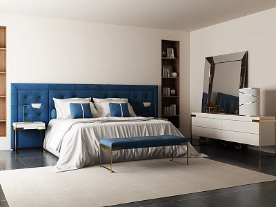 Modern Bedroom Interior With Blue Headboard Double Bed White Sheets Blue Pillows And Bench 3d model