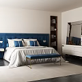 Modern Bedroom Interior With Blue Headboard Double Bed White Sheets Blue Pillows And Bench