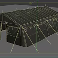 Green Military Tent Setup With Large Rock Yellow Boxes Wooden Crates And Gear