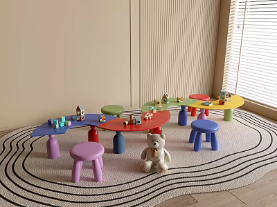 Colorful Children's Table And Chair Set With Toys In Playroom On Wavy Rug 3d model