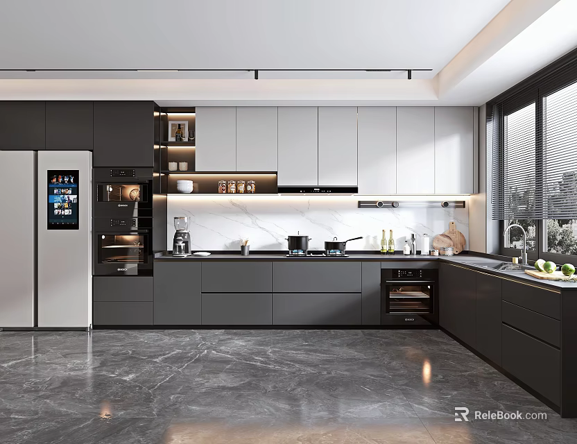 Modern Kitchen Interior With Gray White Cabinetry Island Counter And Stainless Steel Appliances 3d model 