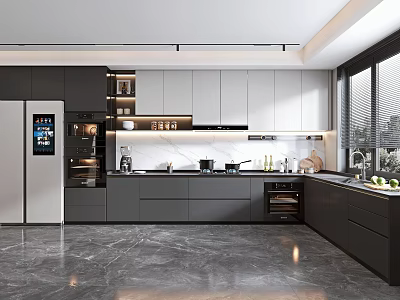 Modern Kitchen Interior With Gray White Cabinetry Island Counter And Stainless Steel Appliances 3d model
