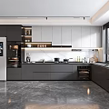Modern Kitchen Interior With Gray White Cabinetry Island Counter And Stainless Steel Appliances