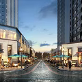 Modern Commercial Street Scene With Glass Facades Storefronts Pedestrians Outdoor Seating And Street Lamps