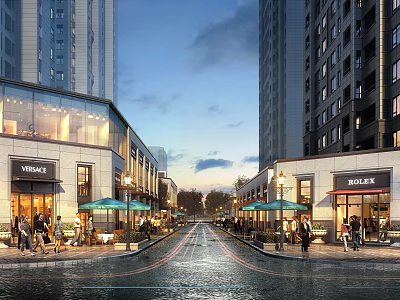 Modern Commercial Street Scene With Glass Facades Storefronts Pedestrians Outdoor Seating And Street Lamps 3d model