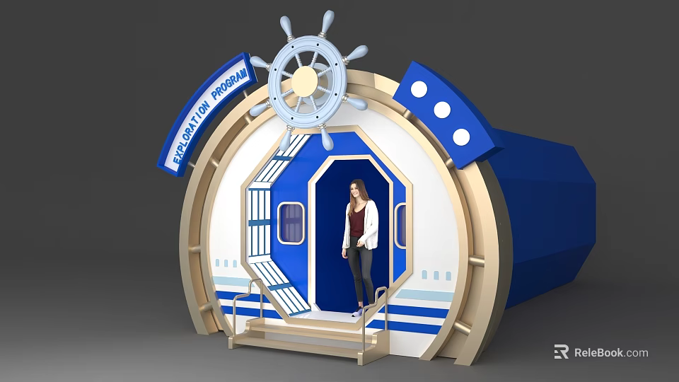 Nautical Theme Pavilion Entrance With Ship Wheel Blue Beige Structure And Person 3d model 