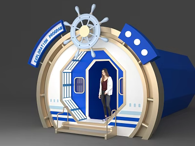 Nautical Theme Pavilion Entrance With Ship Wheel Blue Beige Structure And Person 3d model