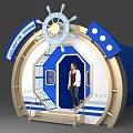 Nautical Theme Pavilion Entrance With Ship Wheel Blue Beige Structure And Person