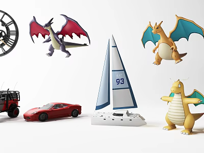 Vibrant Dragon Dolls with Assorted Toy Vehicles Including Helicopter Sports Car and Sailboat 3d model