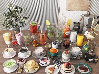 Assorted Coffee Drinks And Desserts With Fresh Fruit Garnishes On Wooden Table 3d model