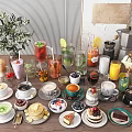 Assorted Coffee Drinks And Desserts With Fresh Fruit Garnishes On Wooden Table