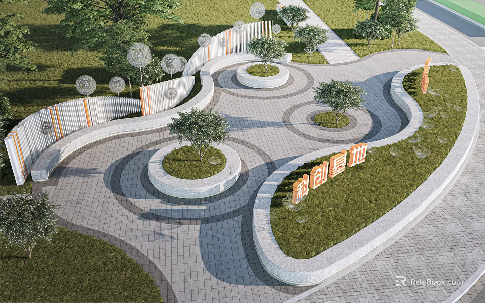 Modern Tech Innovation Hub With Circular Green Planters And Stone Pathways 3d model