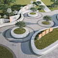 Modern Tech Innovation Hub With Circular Green Planters And Stone Pathways 3d model