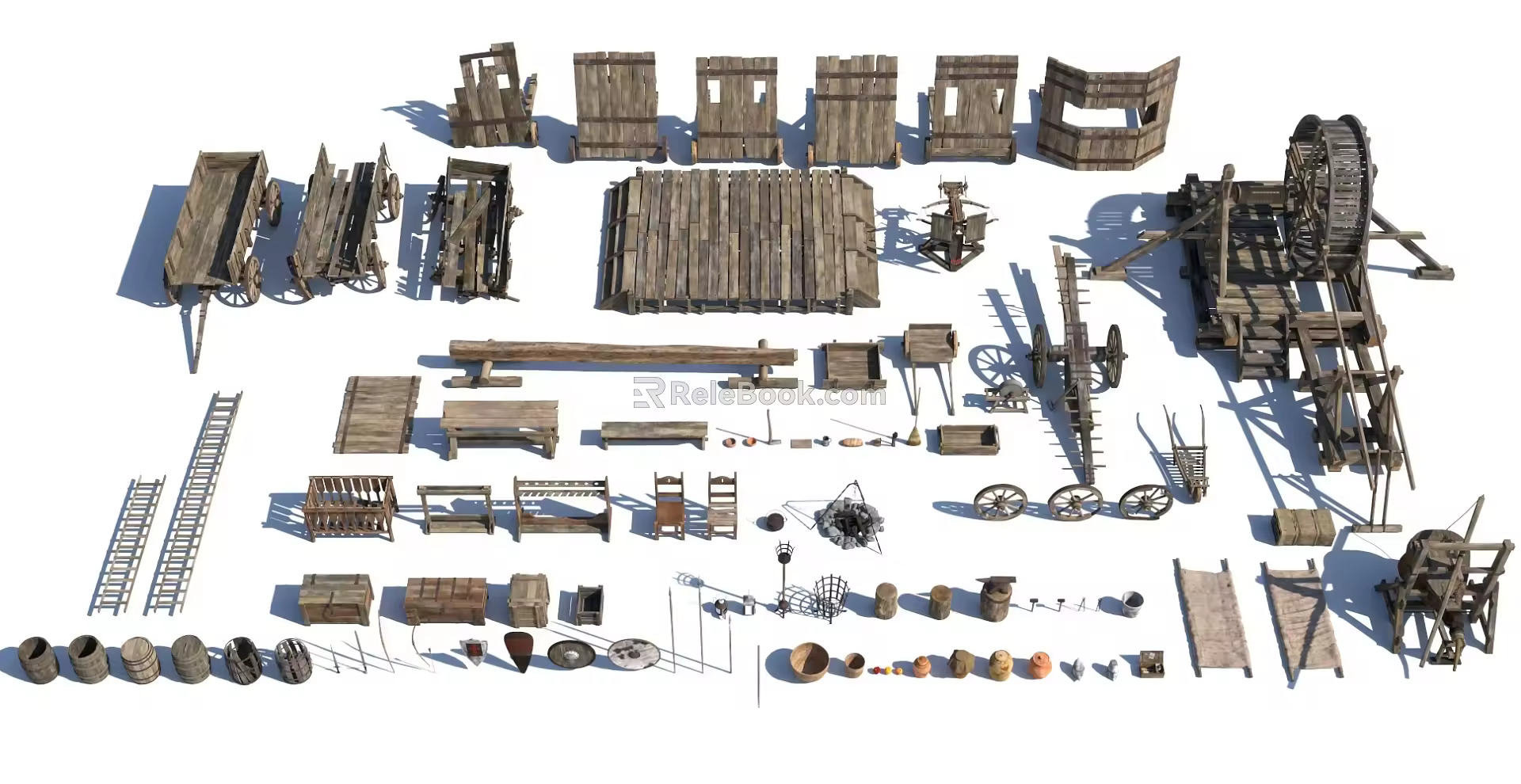 Ancient weapon cart board platform table and chair bow and arrow siege equipment 3d model