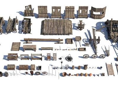 Ancient Wooden Weapons Collection With Various Historical Tools And Structures 3d model
