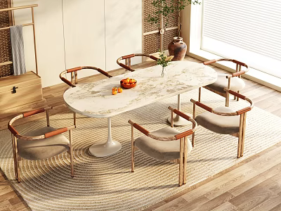 Modern Dining Table Set With Marble Top Six Chairs Wooden Armrests And Vase Decoration 3d model