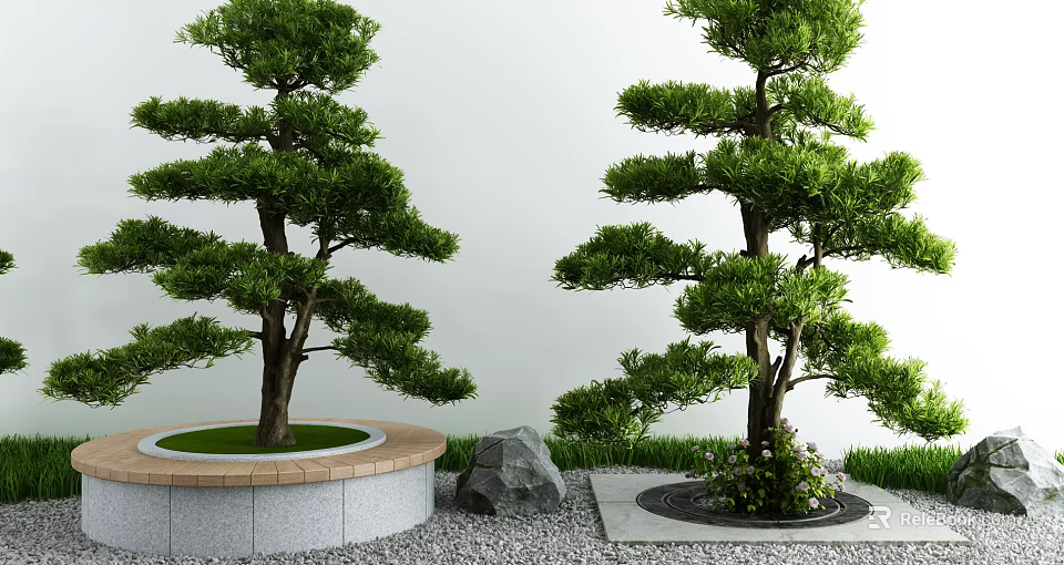 Elegantly Shaped Trees Featuring Circular Stone Bases Decorative Rocks Small Plants And Green Grass 3d model 