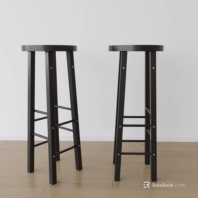 Two Black Bar Stools With Round Seats Ladder Style Legs White Wall Wooden Floor 3d model 