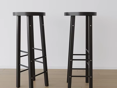 Two Black Bar Stools With Round Seats Ladder Style Legs White Wall Wooden Floor 3d model