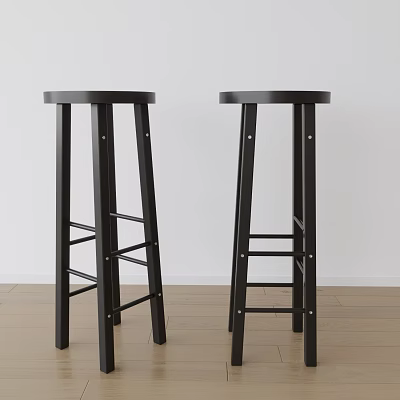 Two Black Bar Stools With Round Seats Ladder Style Legs White Wall Wooden Floor 3d model