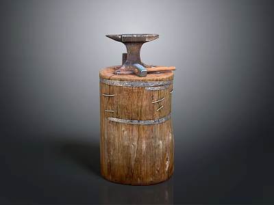 Rustic Iron Anvil Mounted On Old Wooden Barrel With Metal Hoops 3d model