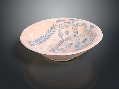 Decorative Handcrafted Ceramic Bowl With Blue Leaf Patterns And Beige Base 3d model