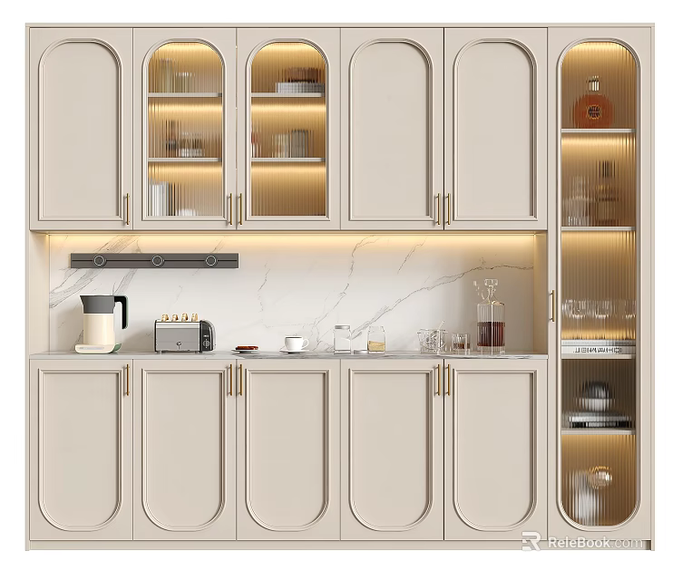 Elegant Modern Sideboard With Curved Glass Doors LED Lighting And Marble Top 3d model 