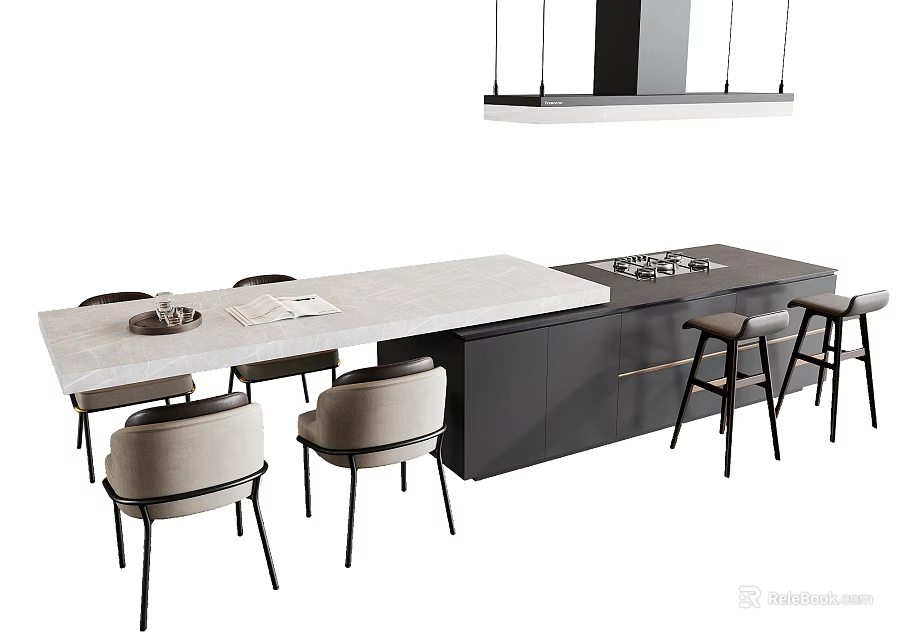 Elegant Modern Dining Table Combination With Chairs Kitchen Island And Hanging Lights 3d model