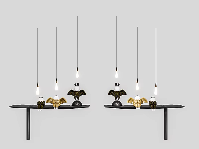 Decorative Ornament Set With Black Tables Gold Black Pieces And Hanging Bulbs 3d model