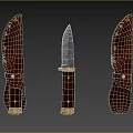 Vintage Tactical Knife with Wooden Handle Metal Blade and Brown Leather Sheath Featuring Metal Rivets