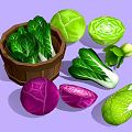 Fresh Colorful Vegetables Including Purple Green Cabbage And Bok Choy In Wooden Basket