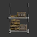 Multi Layer Metal Cart With Rolled Materials And Grille Components On Shelves