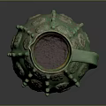 Ancient Ceramic Jug With Green Glaze Bulbous Decorations Circular Patterns And Terracotta Base