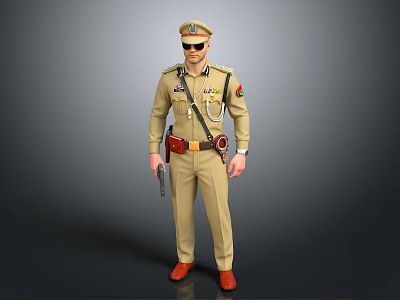 Man in Beige Uniform With Cap Badges Holstered Gun on Belt and Red Shoes 3d model